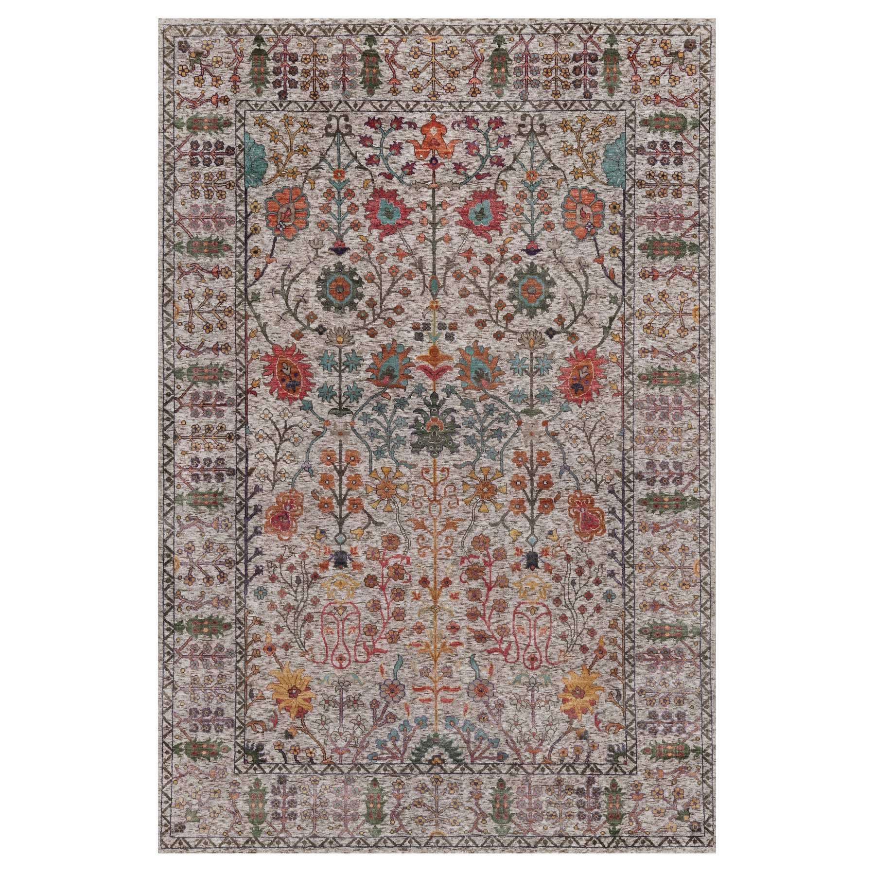 6'2"x9'2" Snow White with Brown, Directional Vase Design, Silk with Textured Wool, Hand Knotted, Oriental Rug 